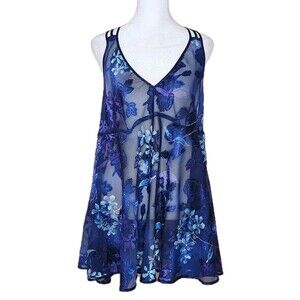 Vintage 90s Angelique Sheer Floral Burnout Babydoll Chemise Nightgown XL Navy